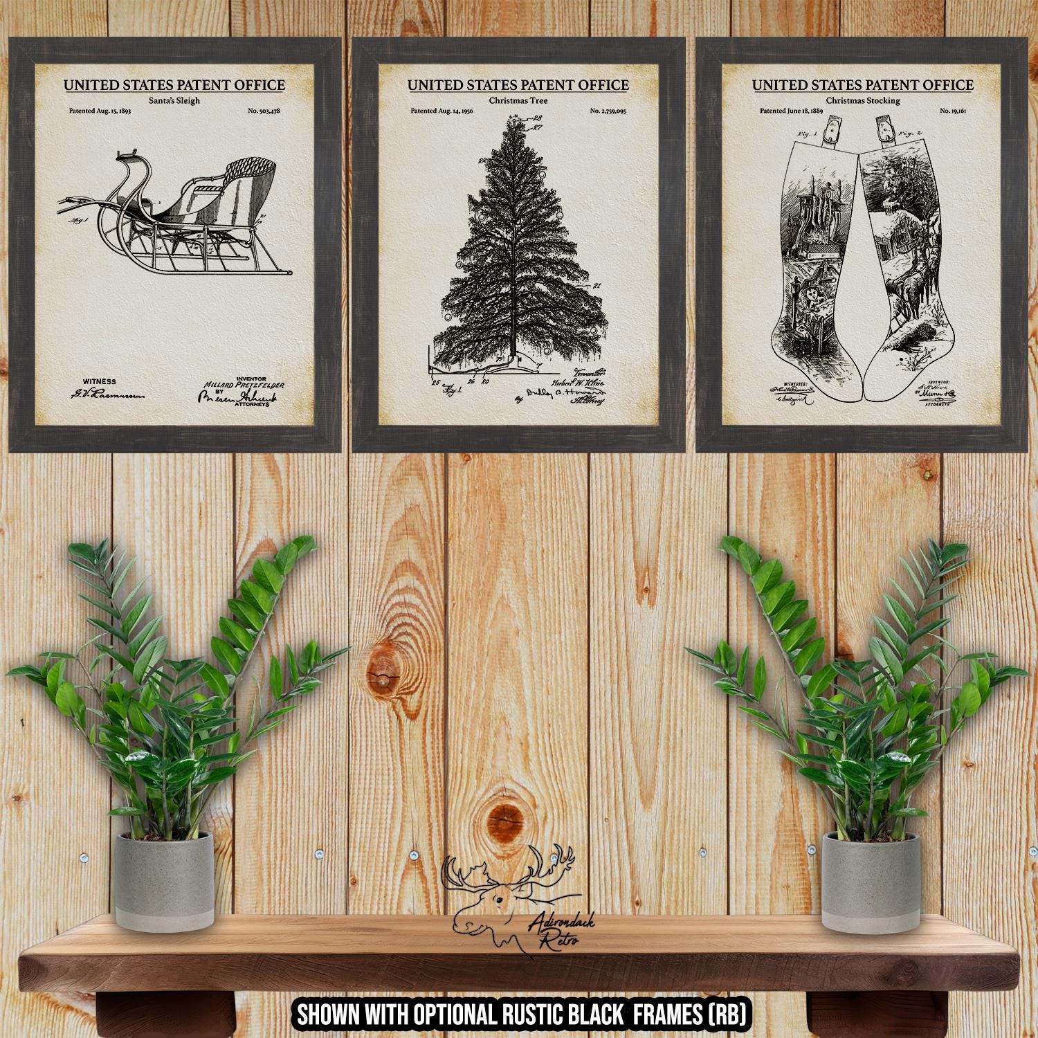 Christmas Patent Print Set of 3 - Rustic Holiday Wall Art at Adirondack Retro