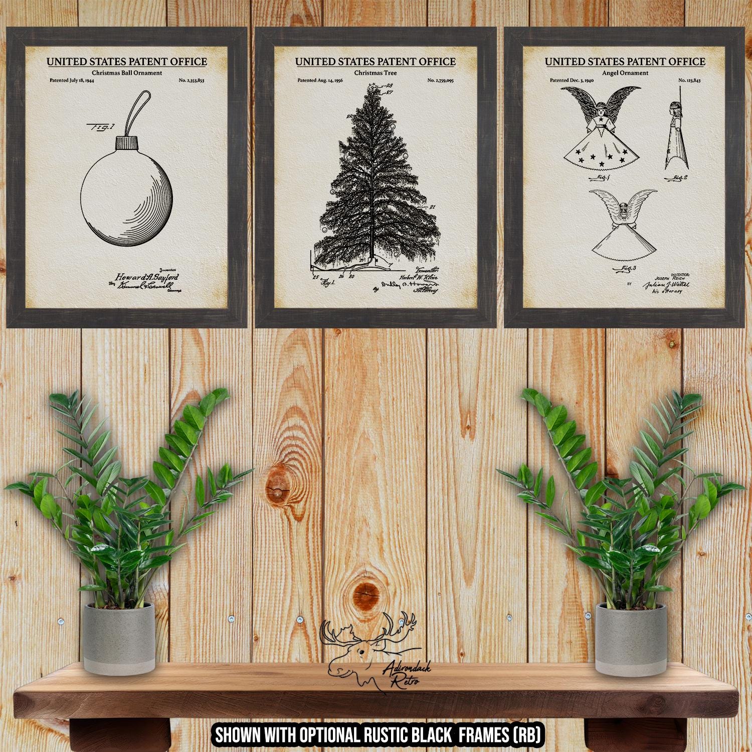 Christmas Patent Print Set of 3 - Rustic Holiday Wall Art at Adirondack Retro