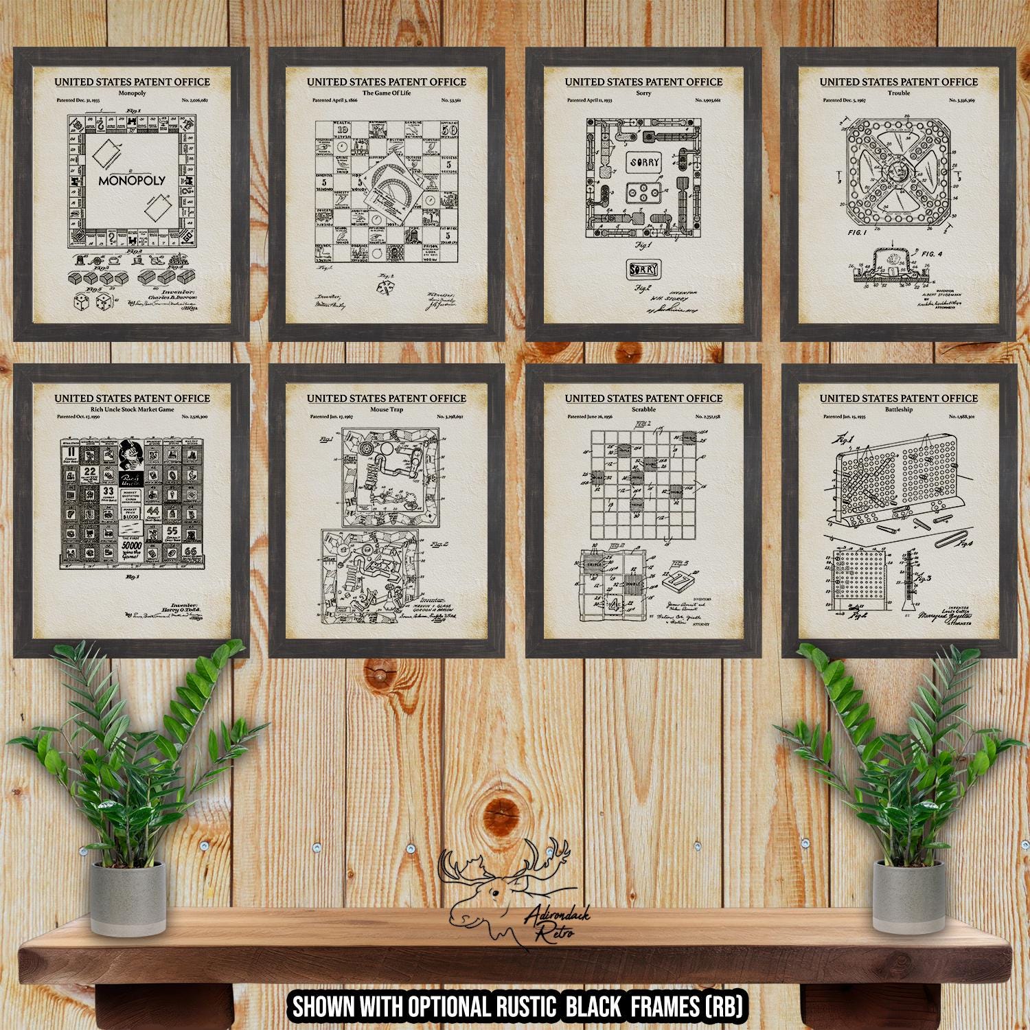 Board Games Patent Print Set of 8 - Retro Board Game Posters - Gamer Gift at Adirondack Retro