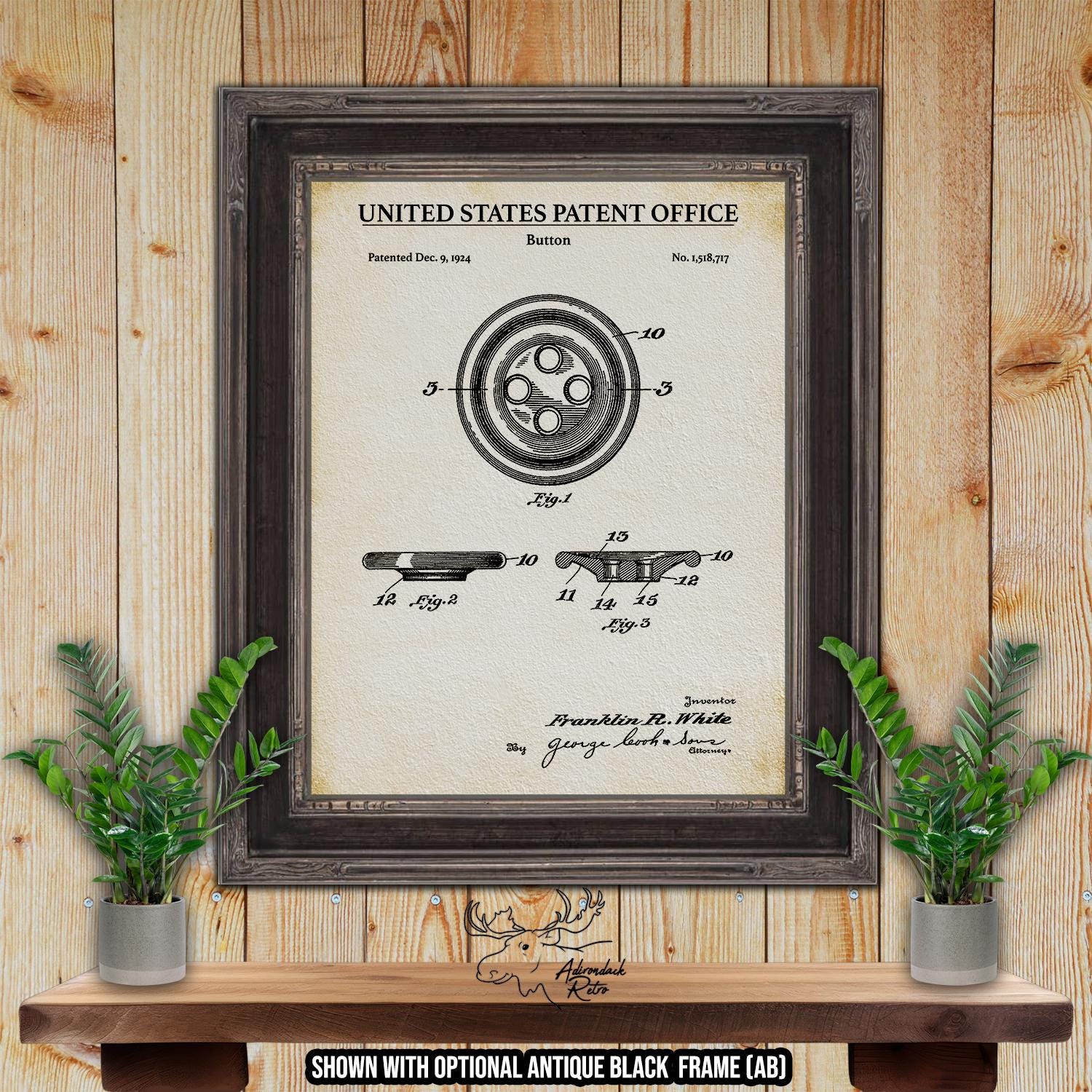 Button Patent Print - 1924 Sewing Invention at Adirondack Retro