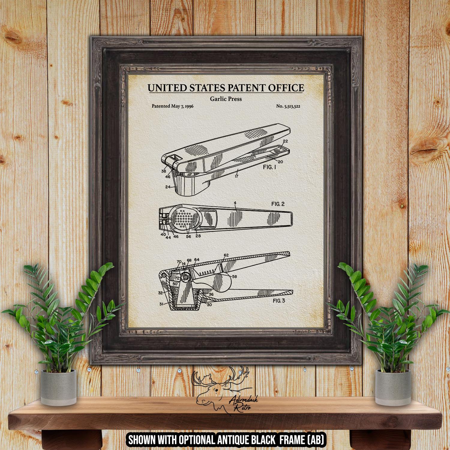 Garlic Press Patent Print - 1996 Cooking Utensil Invention at Adirondack Retro