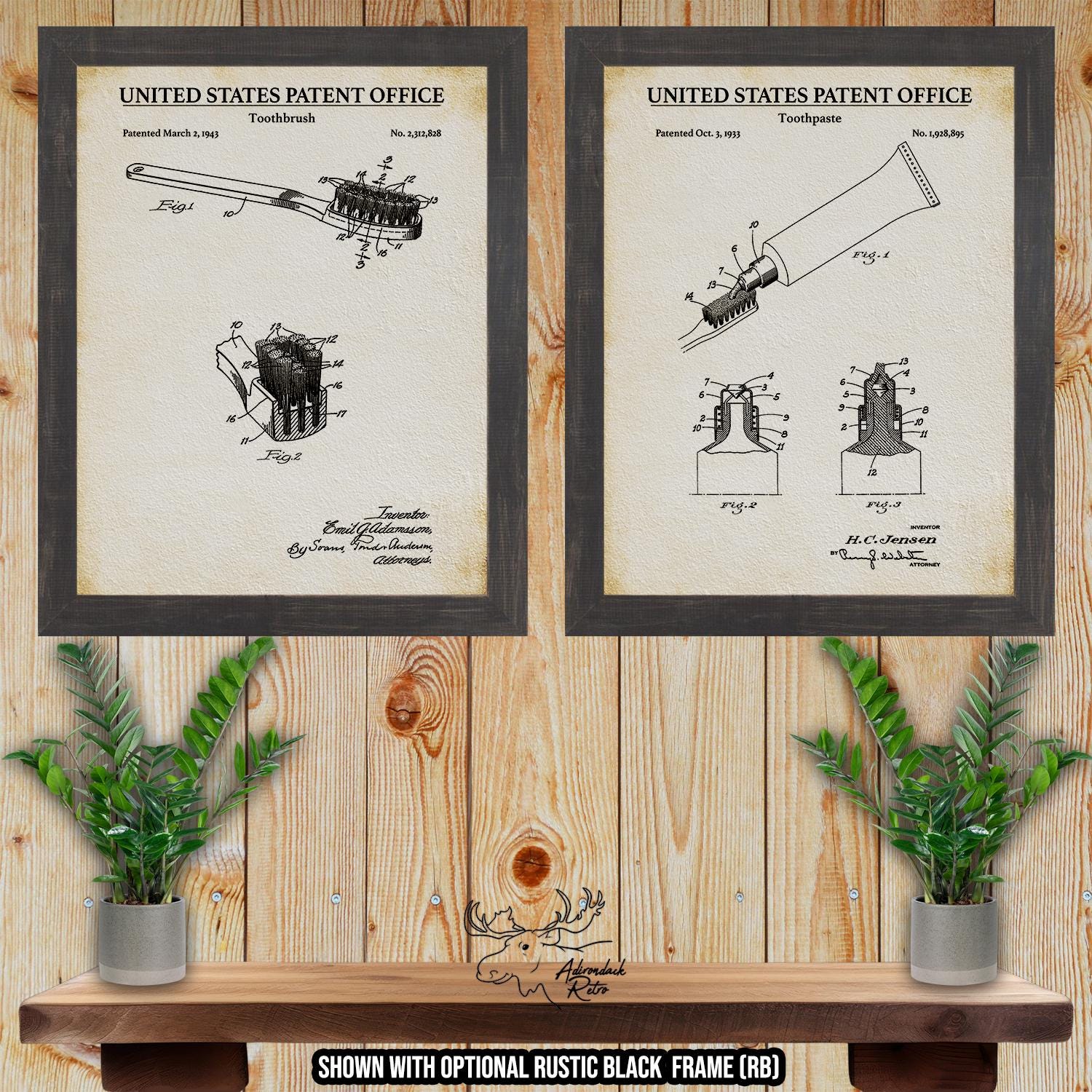 Bathroom Patent Print Set of 2 - Vintage Toothbrush and Toothpaste Posters at Adirondack Retro