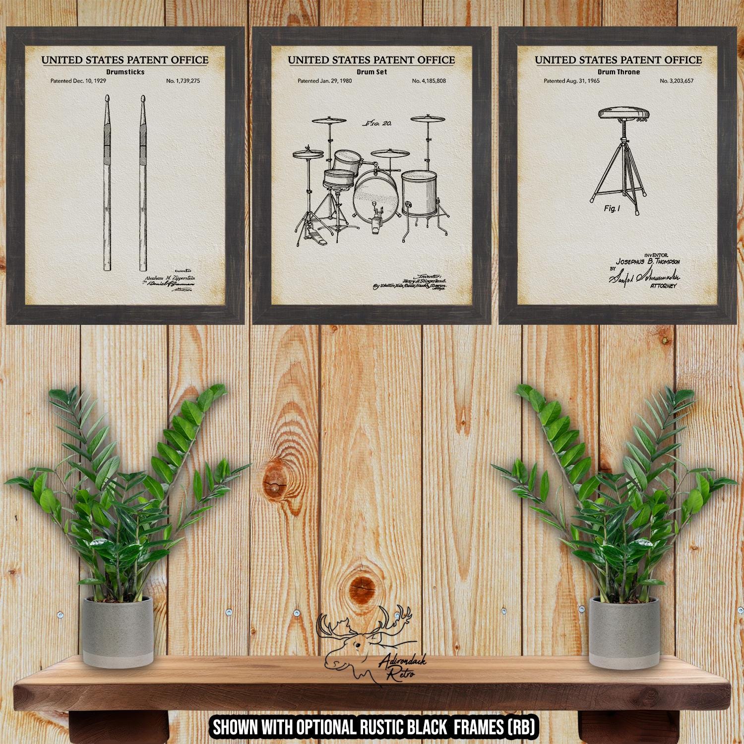 Drums Patent Print Set of 3 - Retro Drumming Posters - Drummer Gift at Adirondack Retro