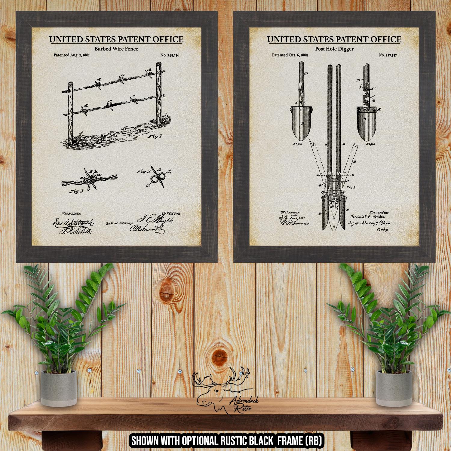 Barbed Wire Fence Patent Print Set of 2 - Vintage Ranching Posters - Rustic Farming Inventions at Adirondack Retro