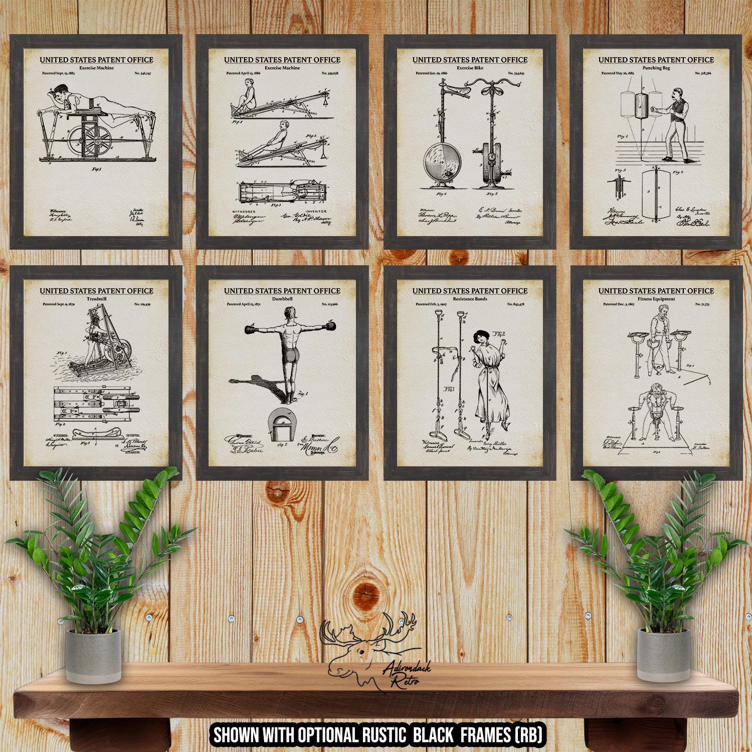 Fitness Equipment Patent Print Set of 8 - Home Gym Posters - Exercise Equipment Inventions at Adirondack Retro