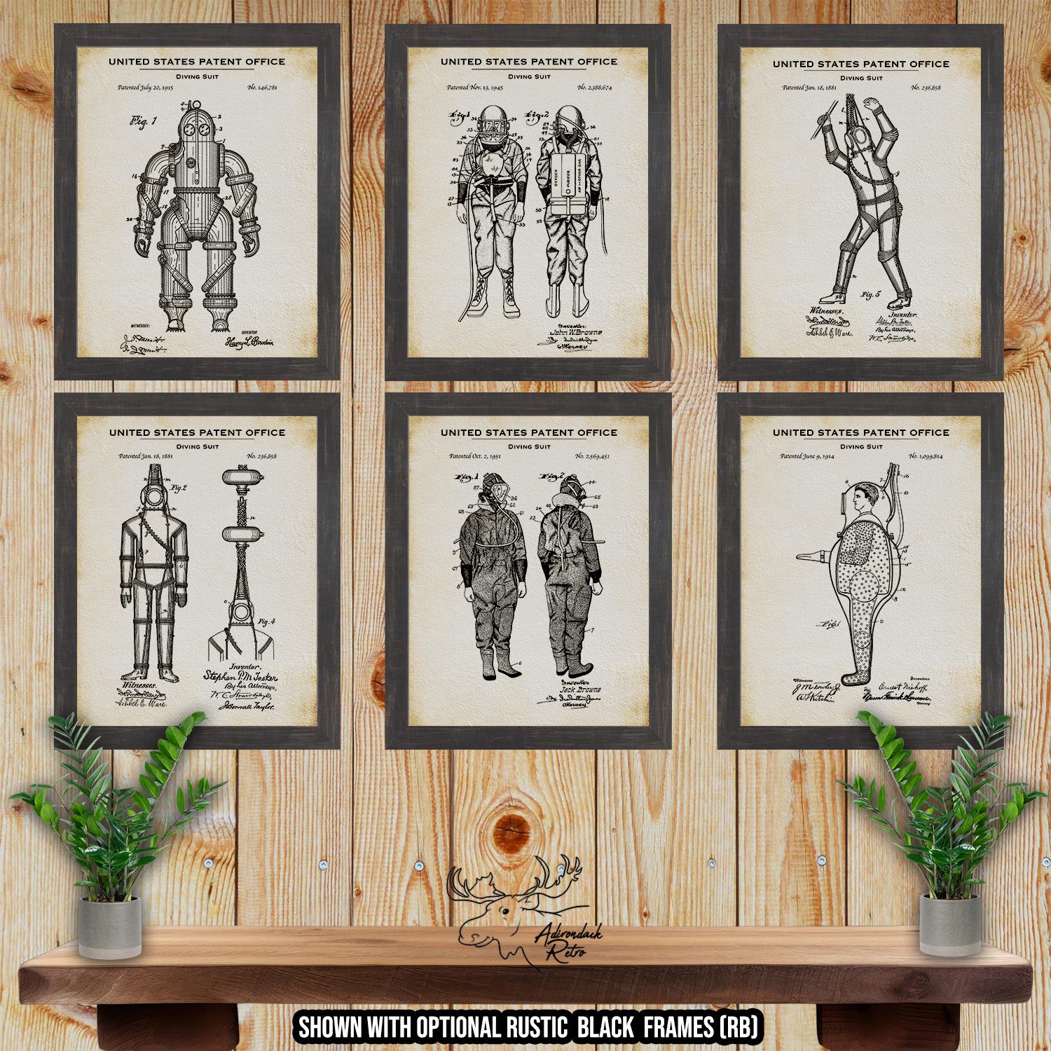 Diving Suit Patent Print Set of 6 - Deep Sea Diving Posters - Scuba Diving Inventions at Adirondack Retro