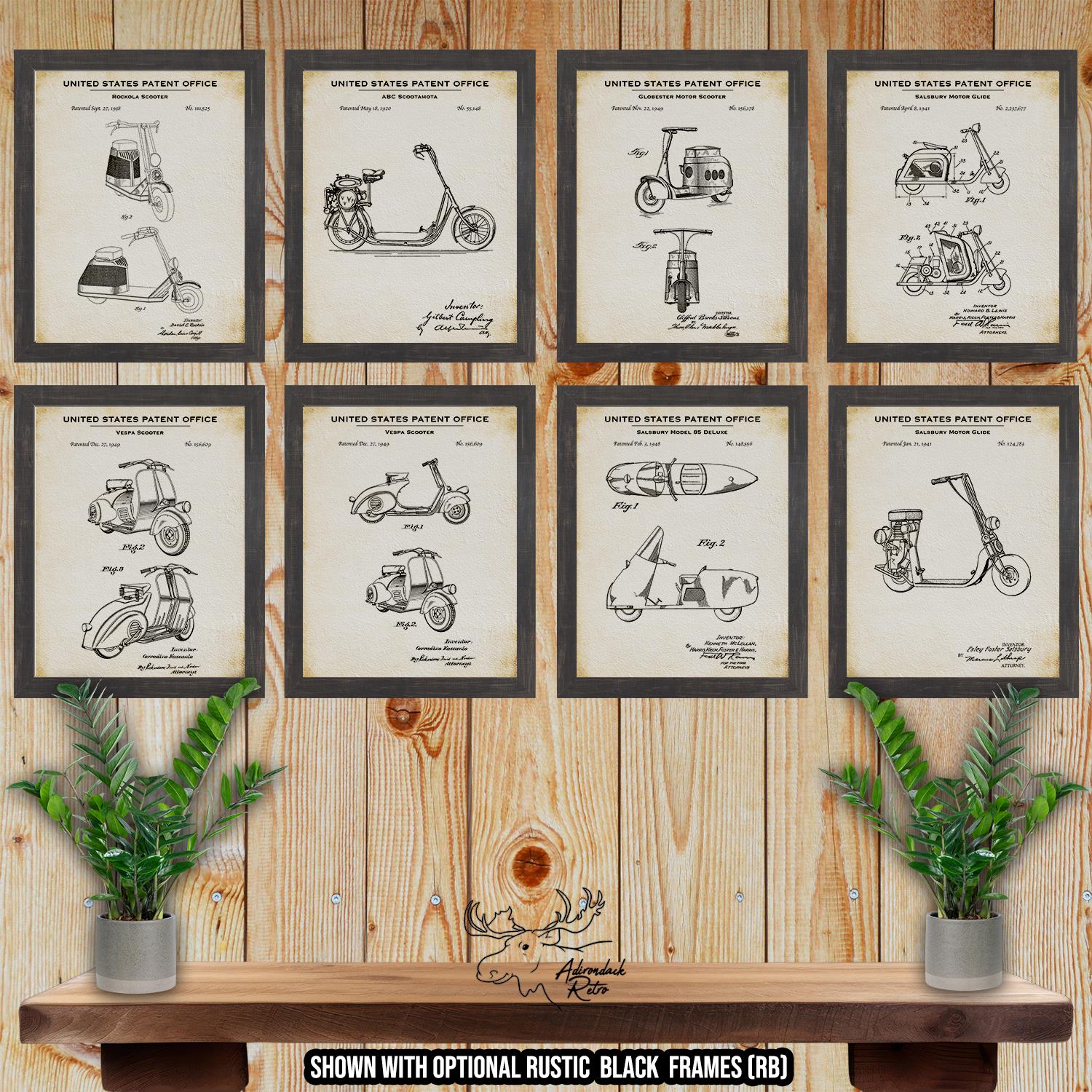 Scooter Patent Print Set of 8 - Moped Poster Set - Retro Scooter Inventions at Adirondack Retro