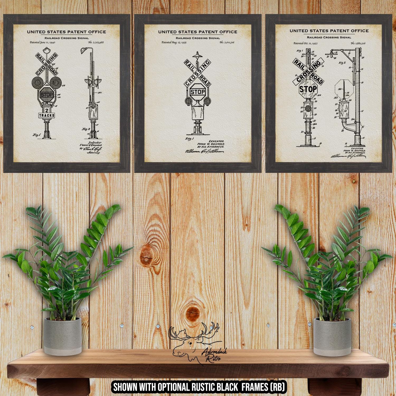 Railroad Crossing Signals Patent Print Set of 3 - Railroad Poster Set - Railroad Inventions at Adirondack Retro