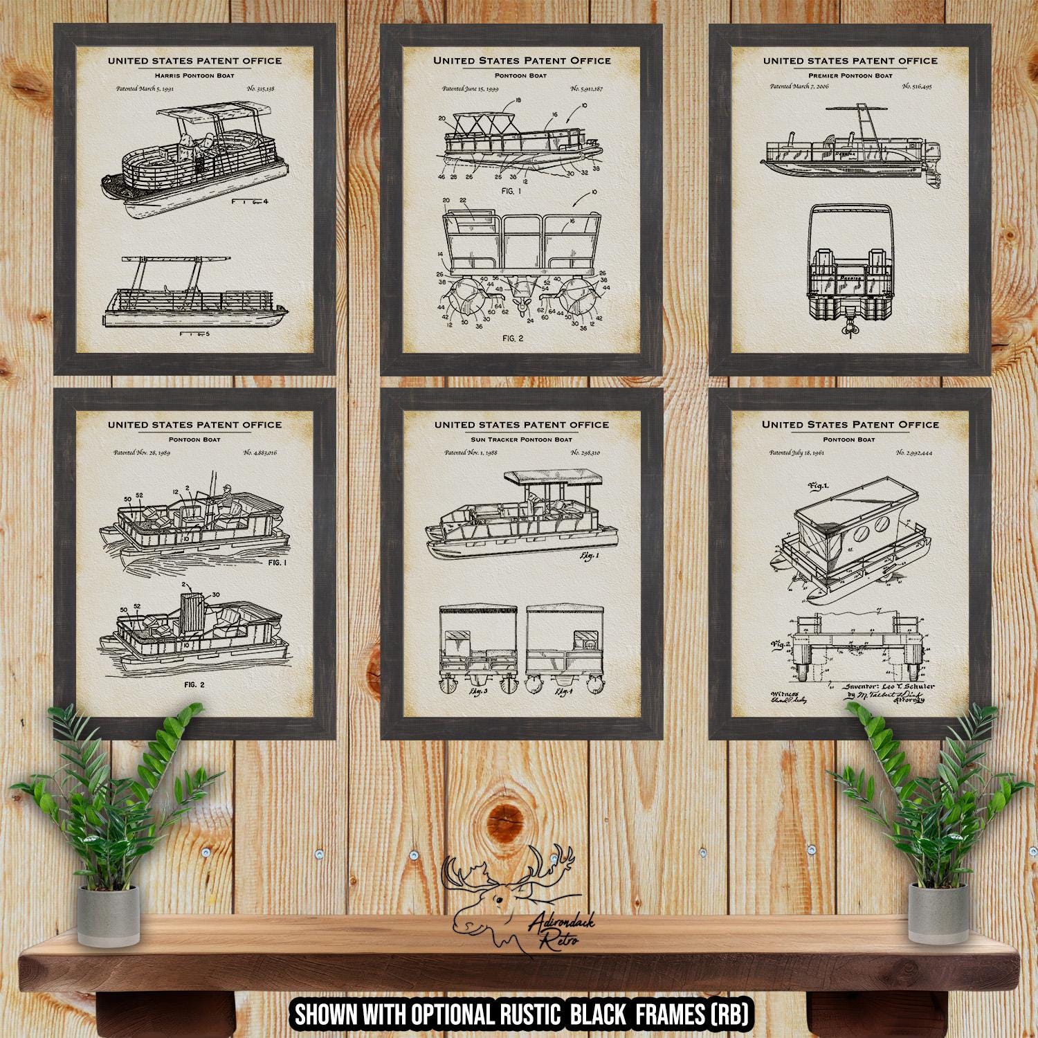 Pontoon Boat Patent Print Set of 6 - Deck Boat Poster Set - Boating Inventions at Adirondack Retro