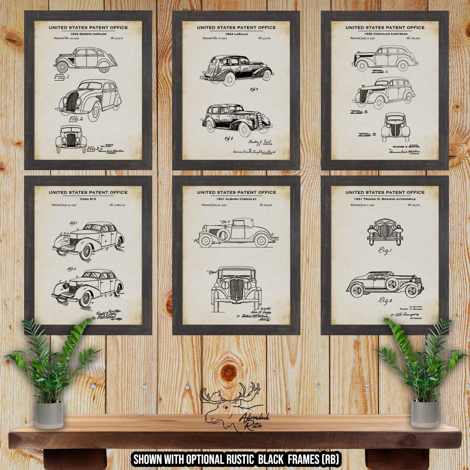 1930's Automobile Patent Print Set of 6 - Classic Car Poster Set - Vintage Automobile Inventions at Adirondack Retro