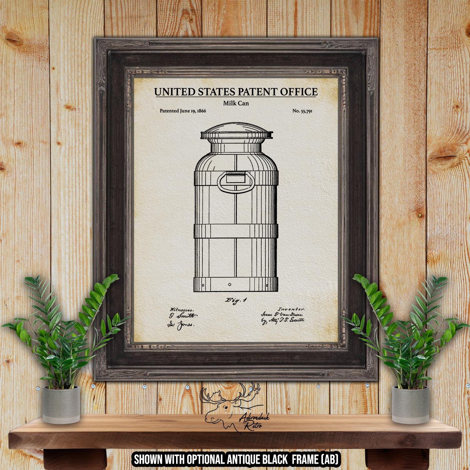Milk Can Patent Print - 1866 Dairy Farming Invention at Adirondack Retro