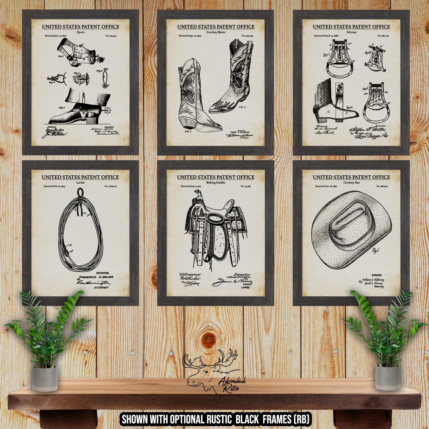 Cowboy Patent Print Set of 6 - Retro Cowboy Poster Set - Wild West Inventions at Adirondack Retro