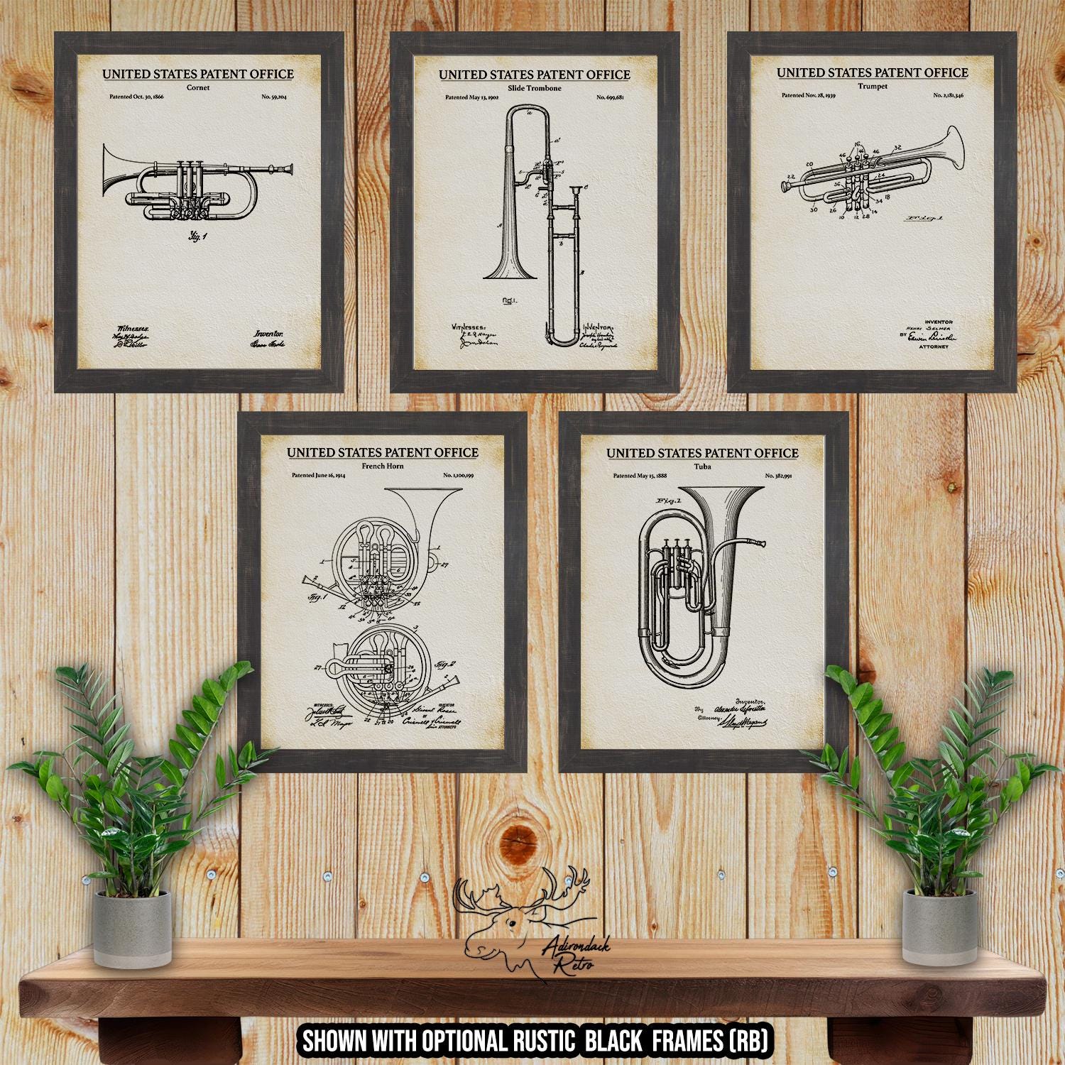 Brass Instrument Patent Print Set of 5 - Retro Music Posters - Brass Instrument Inventions at Adirondack Retro