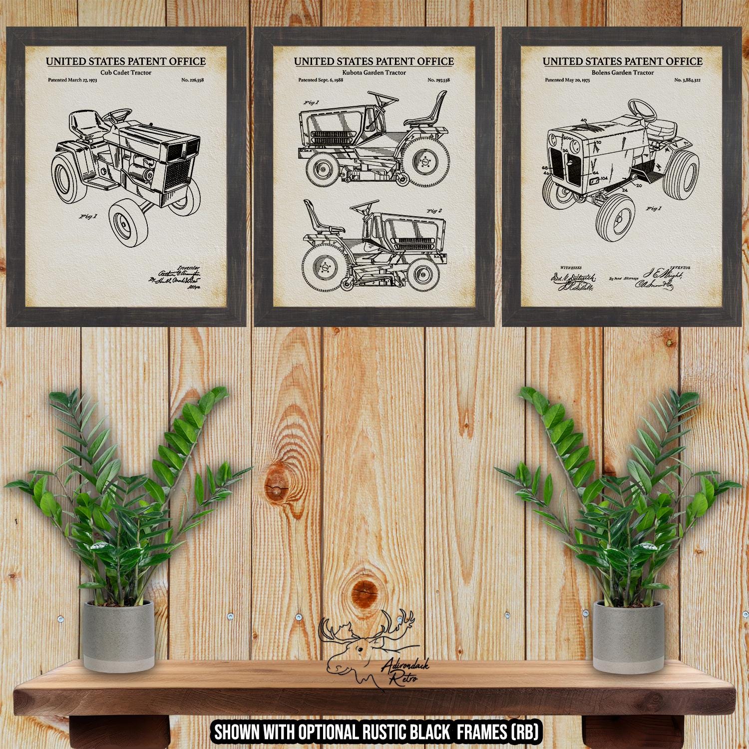 Garden Tractor Patent Print Set of 3 - Rustic Riding Mower Posters - Vintage Lawn Tractor Inventions at Adirondack Retro
