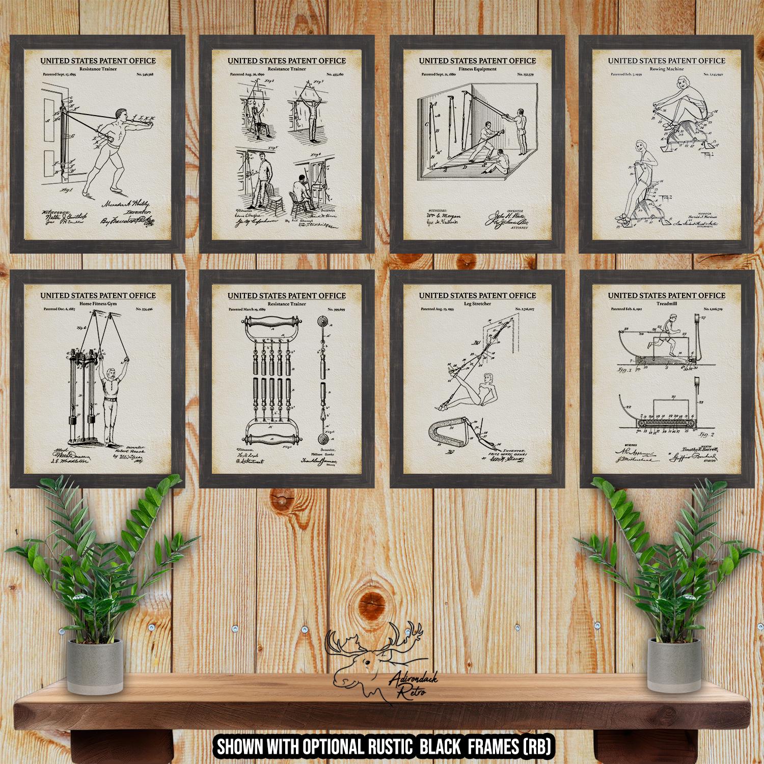 Exercise Equipment Patent Print Set of 8 - Home Gym Posters - Fitness Equipment Inventions at Adirondack Retro