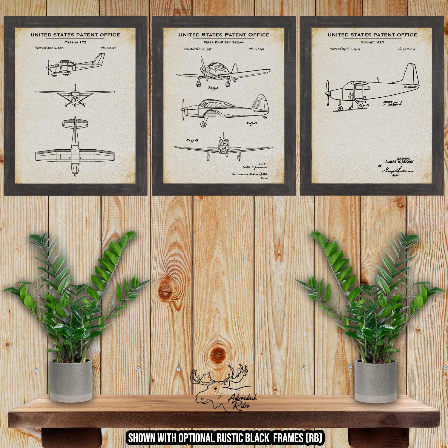 Single Prop Airplane Patent Print Set of 3 - Vintage Airplane Inventions at Adirondack Retro