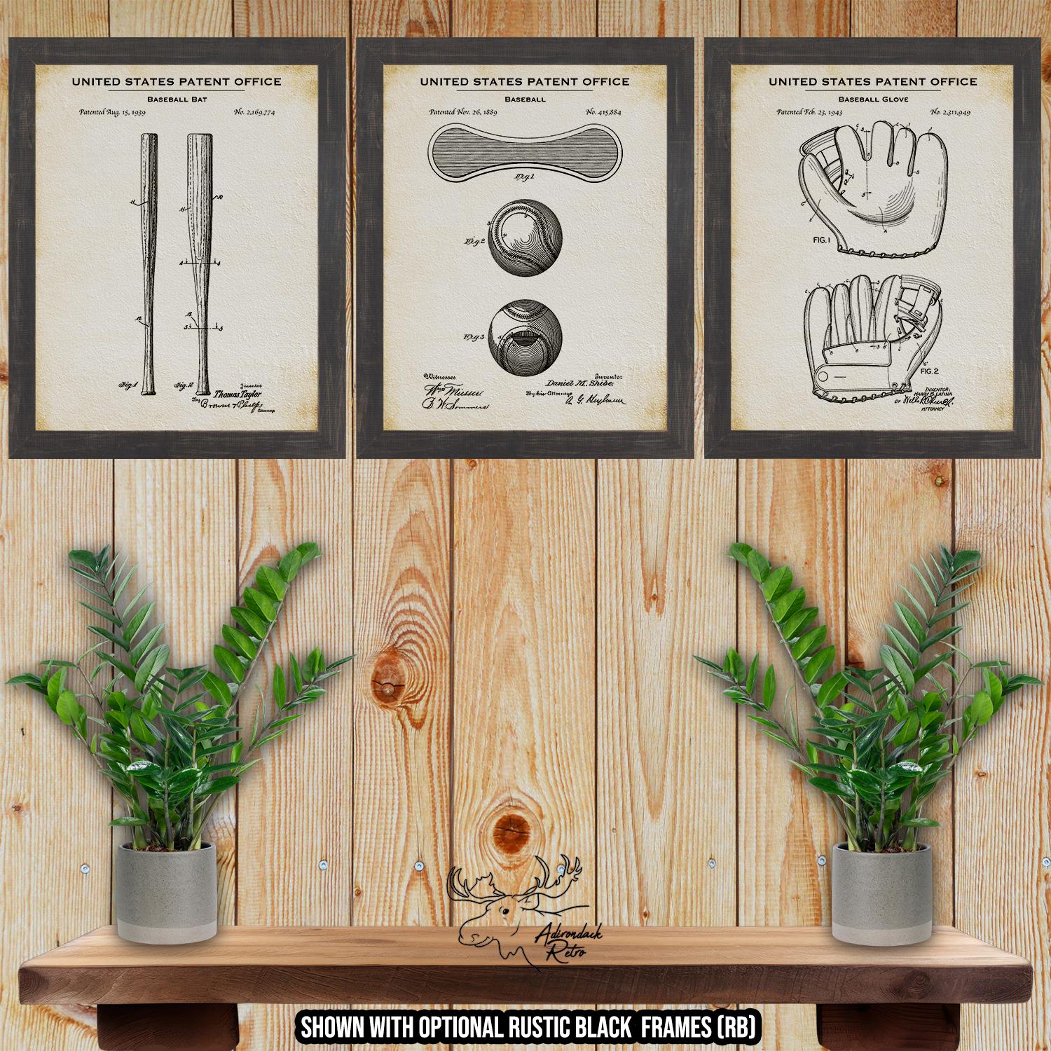 Baseball Patent Print Set of 3 - Retro Baseball Poster Set - Vintage Baseball Inventions at Adirondack Retro