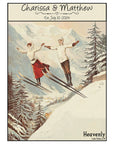 a couple of people riding skis on top of a snow covered slope