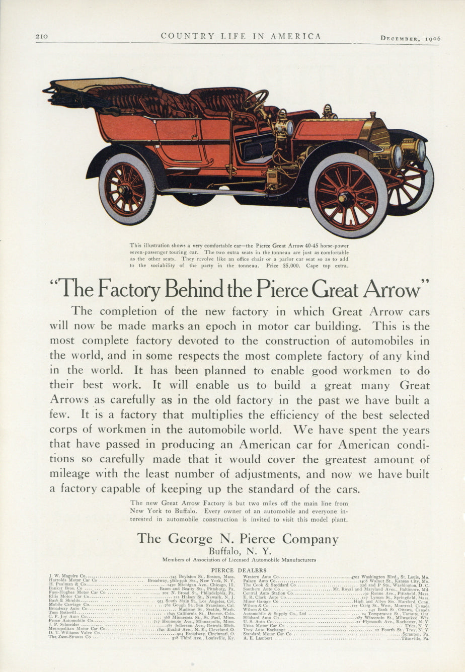1906 Pierce Great Arrow 7 Passenger Touring Car Buffalo NY Vintage Print Ad