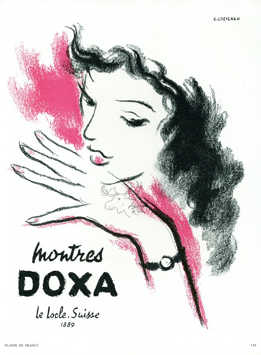 1951 Doxa Montres Watch Vintage French Print Ad - A.J. Veilhan Illustration