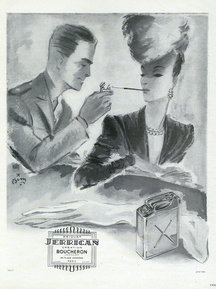 1945 Boucheron Jerrican Lighter Vintage French Print Ad - Pierre Simon Illustration