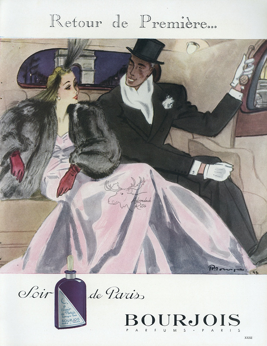 1946 Bourjois Soir De Paris Perfume Vintage French Print Ad - Pierre Mourgue Illustration