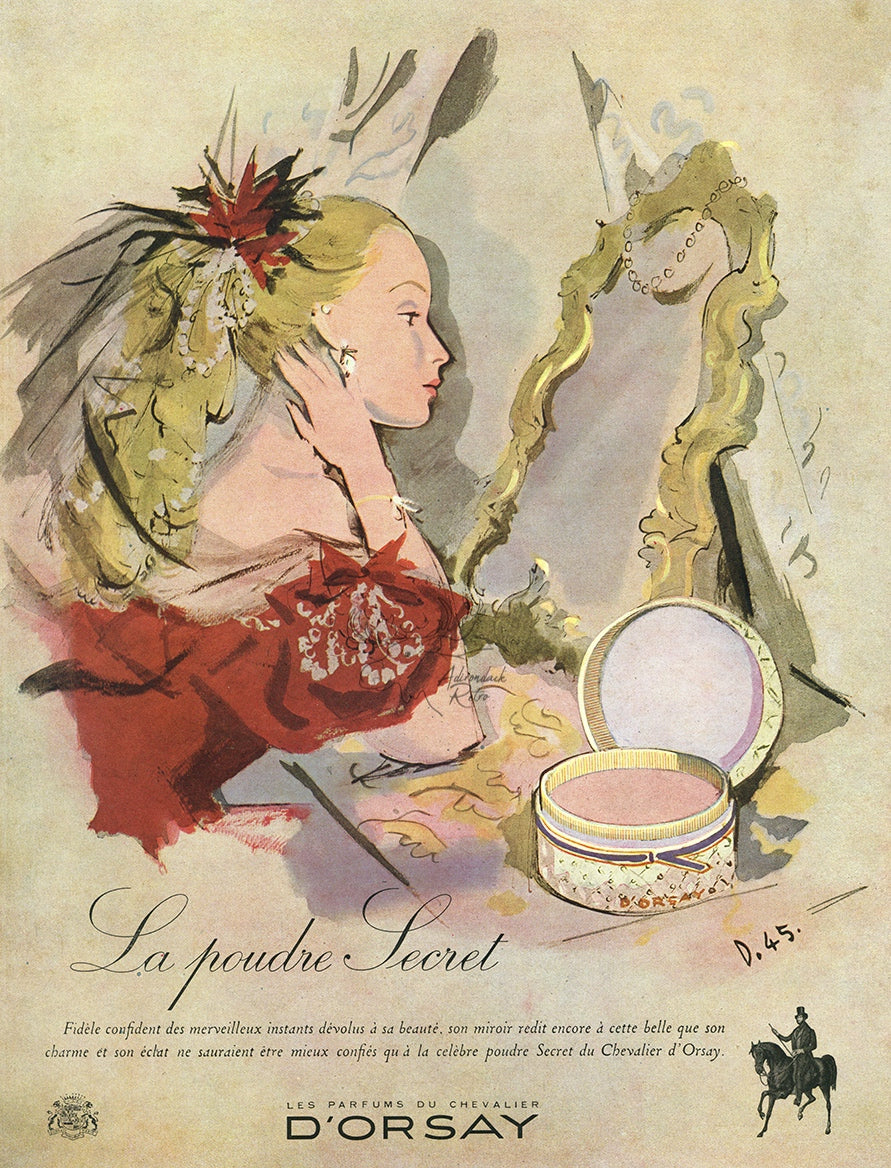 1946 D&#39;Orsay The Secret Powder Vintage French Cosmetics Ad - Andre Delfau Illustration