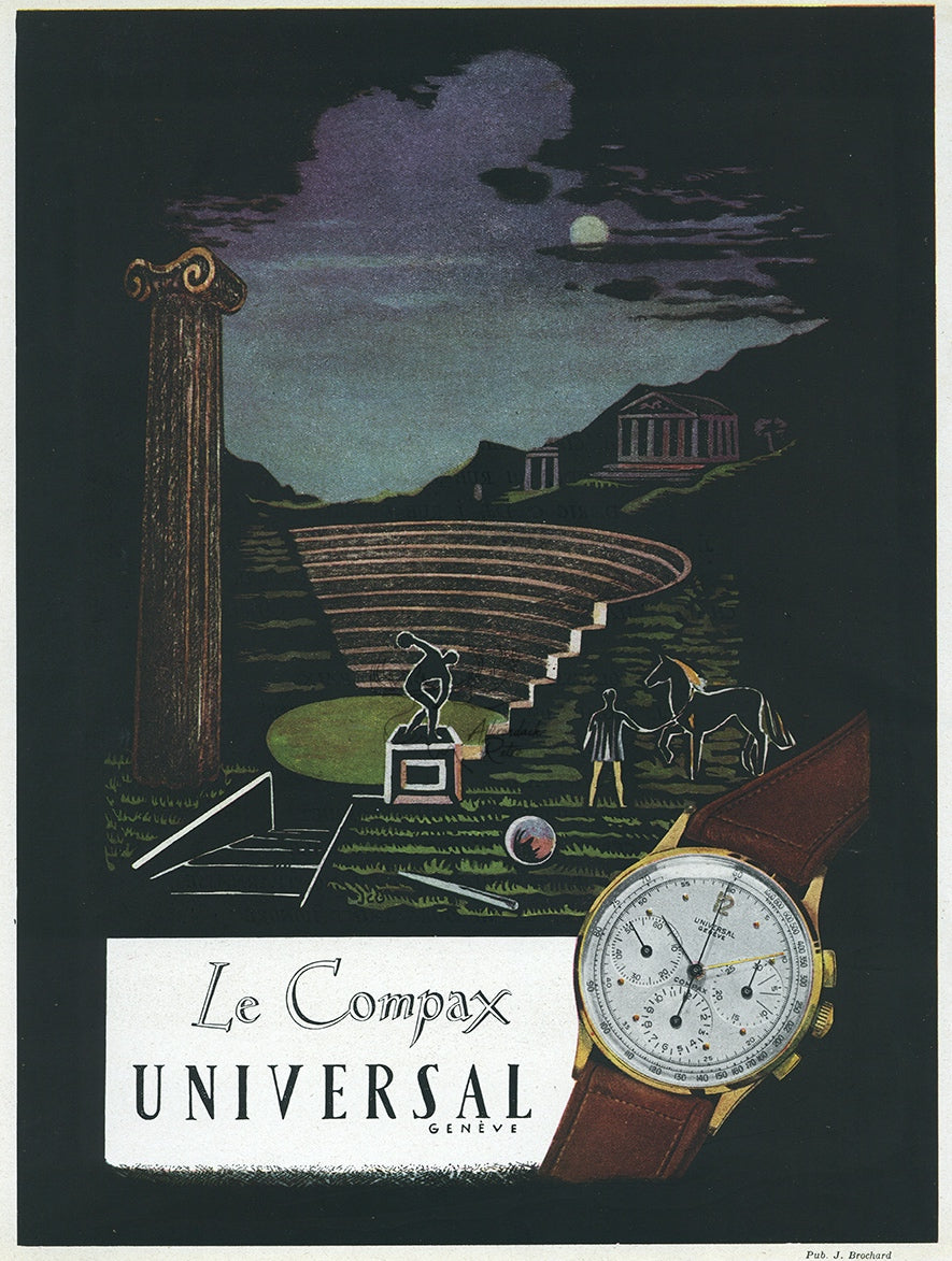 1946 Universal The Compax Watch Vintage Print Ad - Olympics Illustration