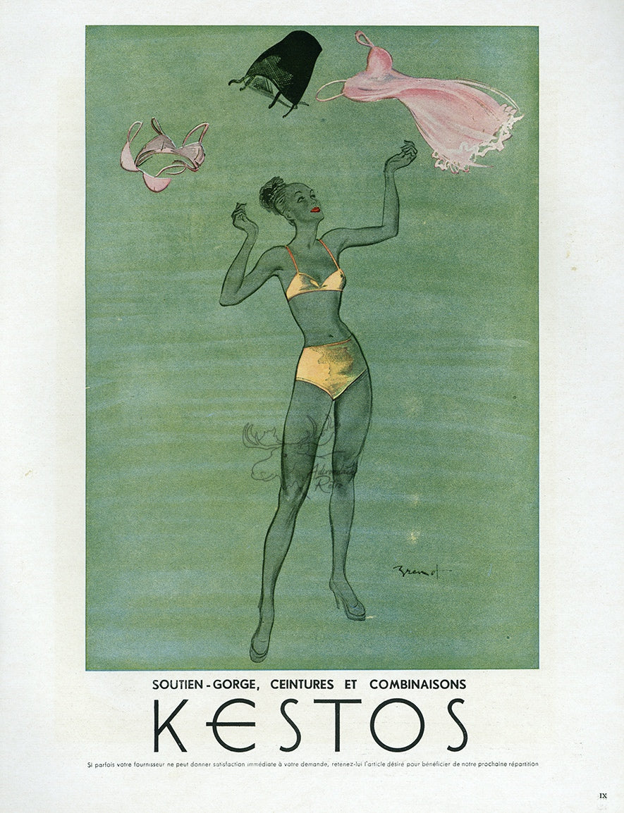 1947 Kestos Lingerie Vintage French Fashion Print Ad - Raymond Brenot Illustration