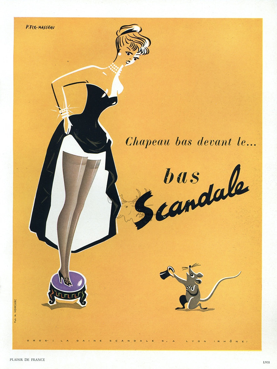 1951 Scandale Stockings Vintage French Print Ad - Pierre Fix Masseau Illustration