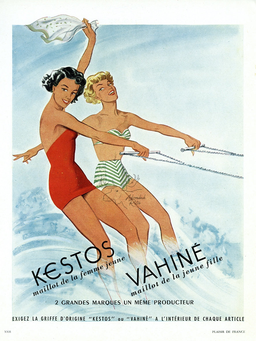 1949 Kestos Beachwear Vintage Fashion Ad - Women Waterskiing Illustration