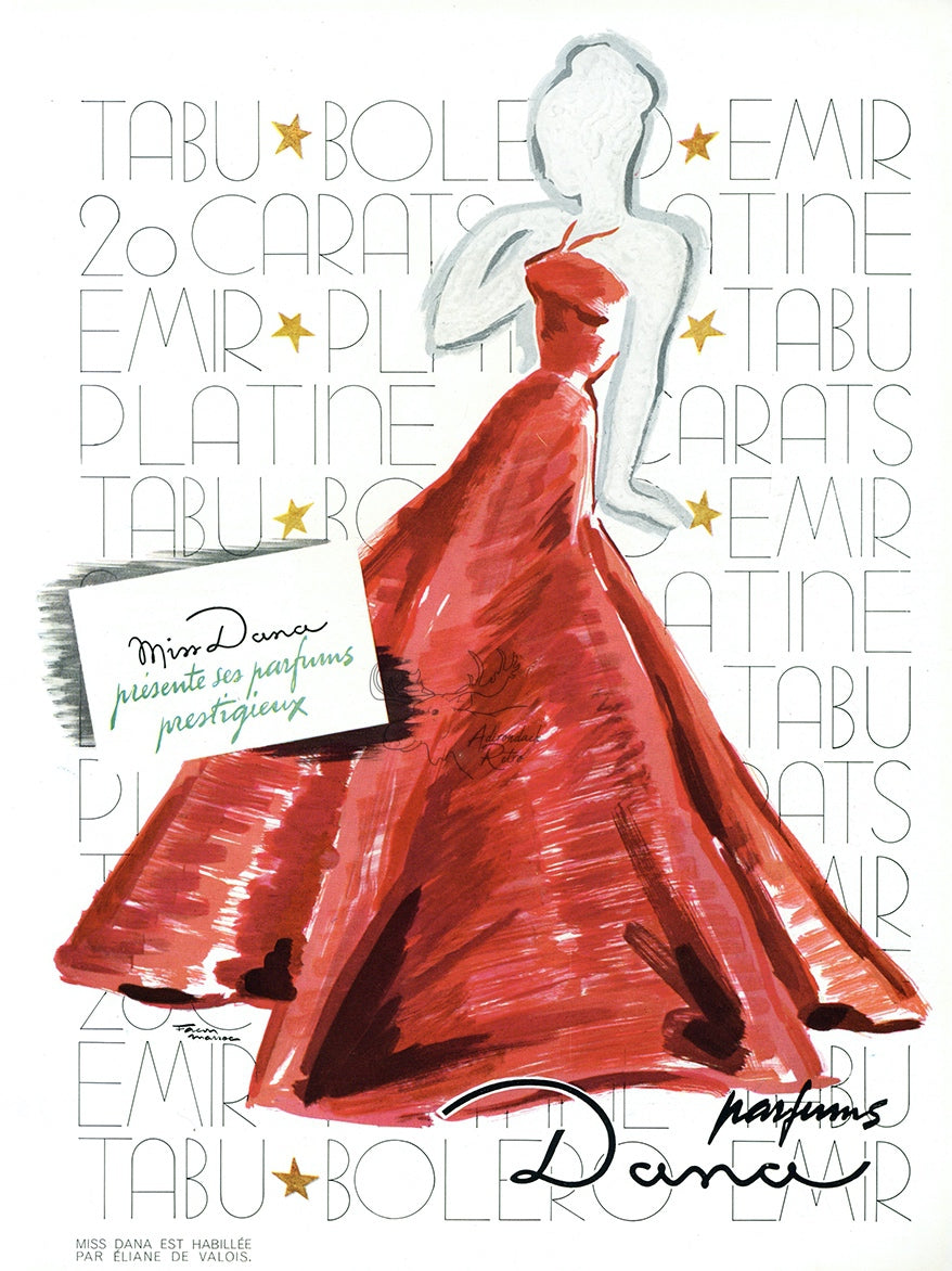 1946 Dana Perfume Vintage Cosmetics Ad - Facon Marrec Red Dress Illustration