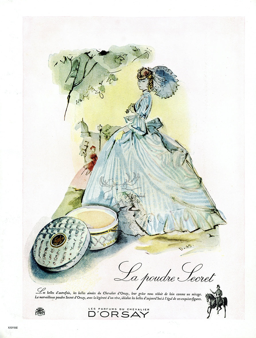 1947 D&#39;Orsay The Secret Powder Vintage Cosmetics Ad - Andre Delfau Illustration