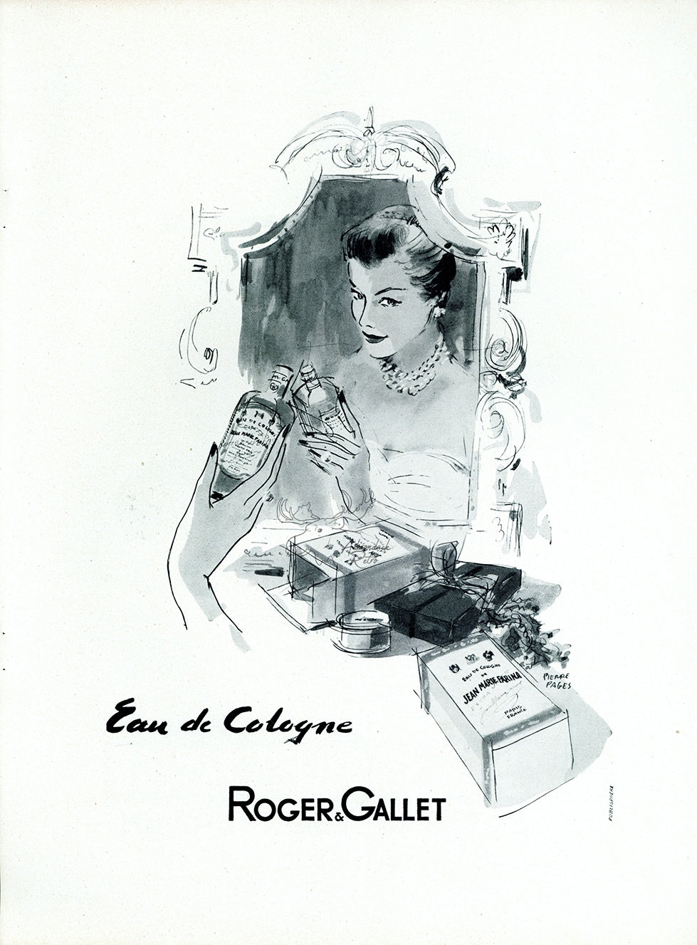 1947 Roger &amp; Gallet Vintage Perfume French Print Ad - Pierre Pages Illustration