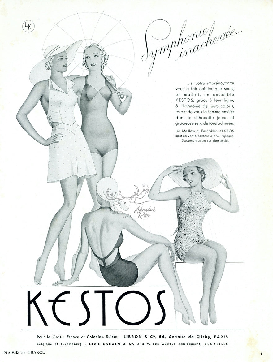 1938 Kestos Swimwear Vintage French Print Ad - Period Millinery