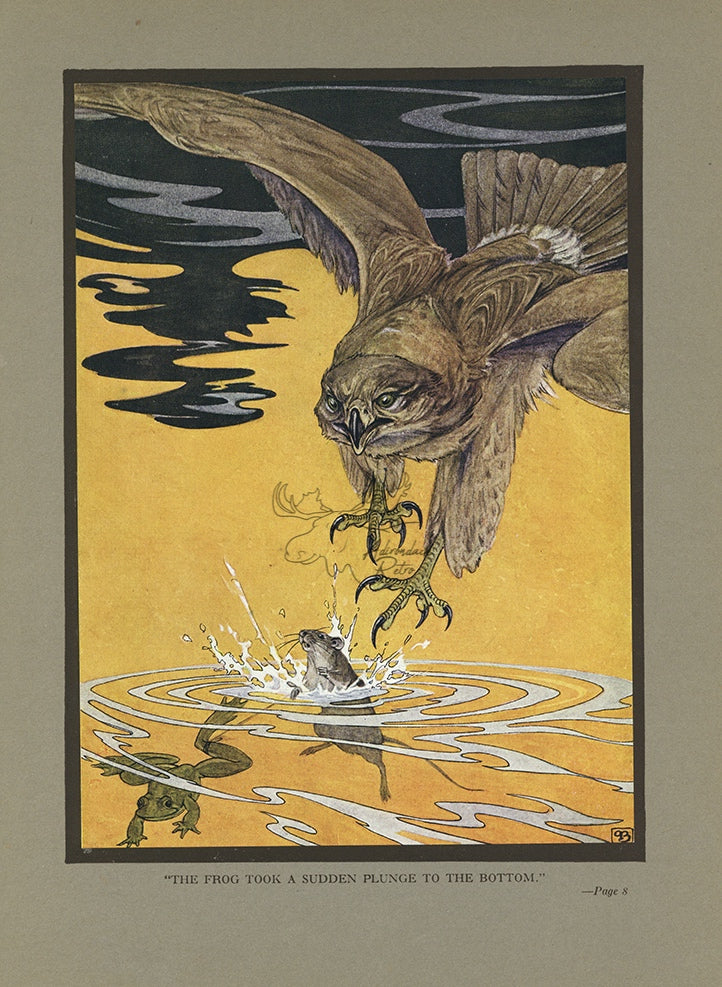 1921 The Owl, Mouse and Frog Tipped-In Color Book Plate - Paul Bransom Antique Print