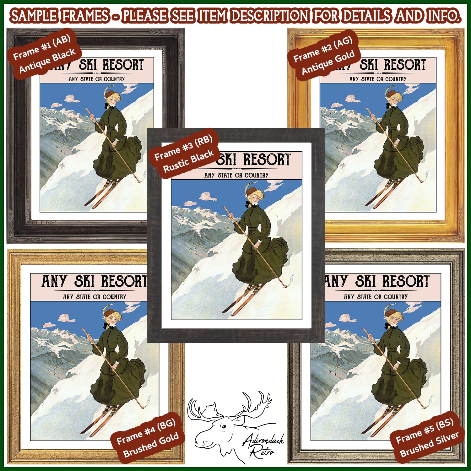 a set of four framed pictures of a skier