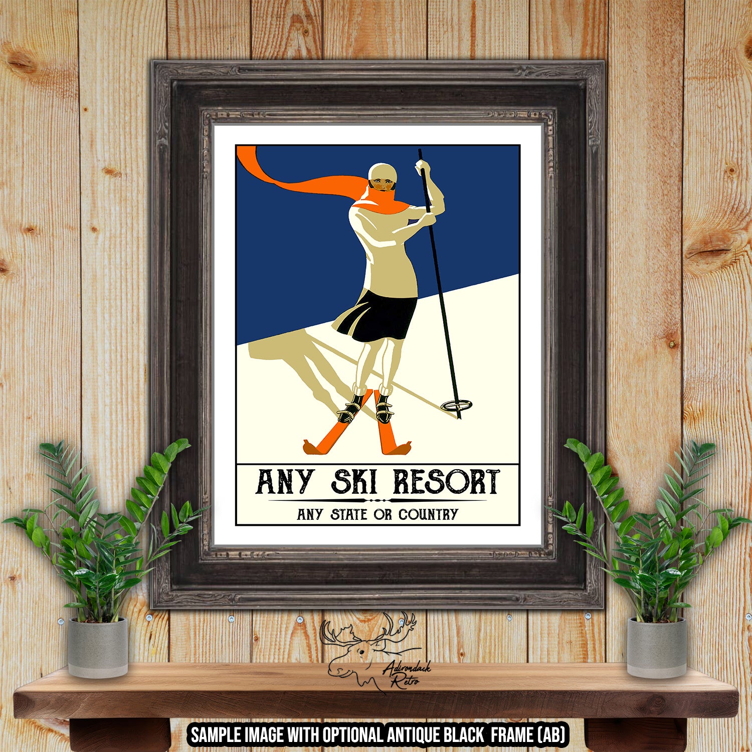 a poster of a woman skiing on a ski resort
