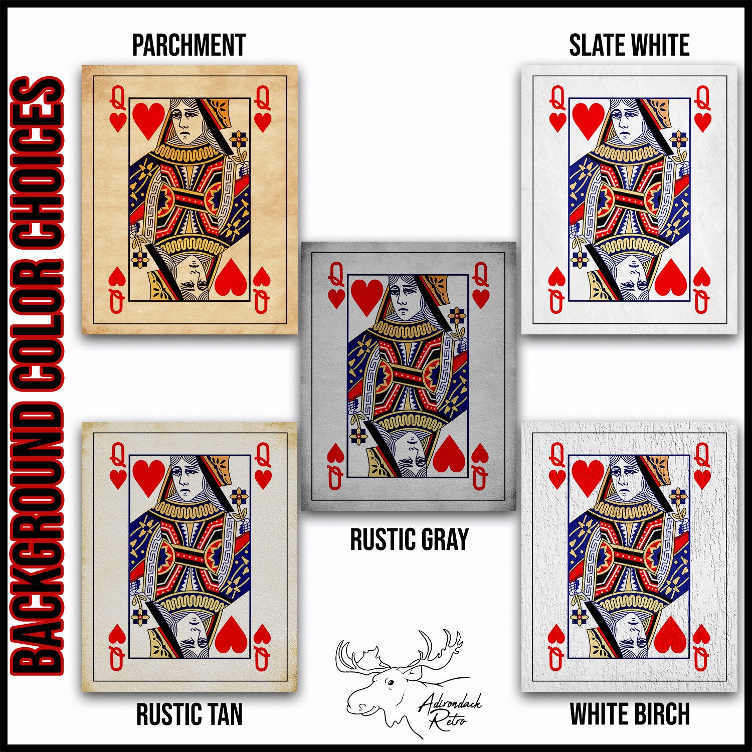 Queen of Hearts Spades Diamonds Poker Card Giclee Print Set