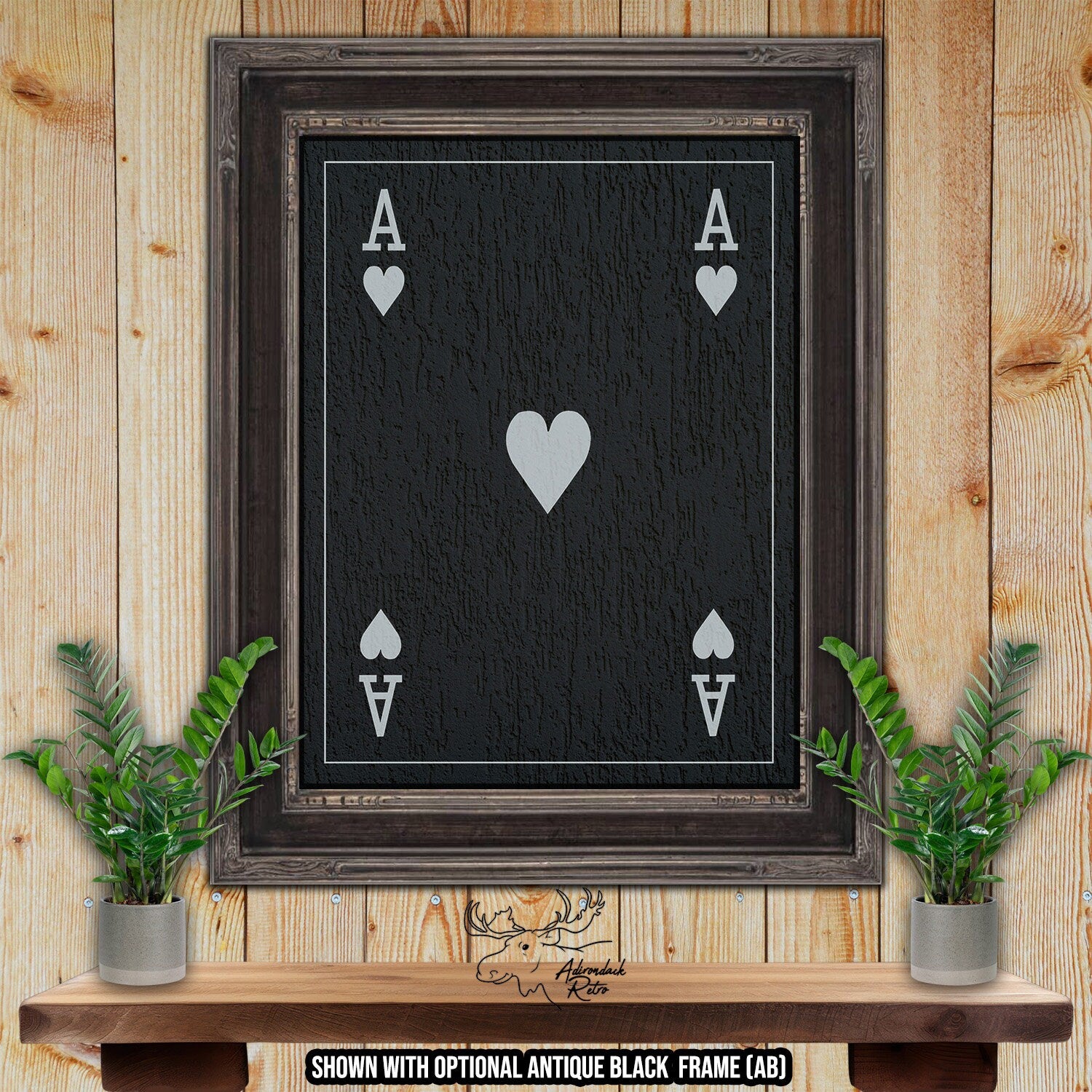 Ace of Hearts Playing Card Print - Black & Silver Fine Art Print at Adirondack Retro