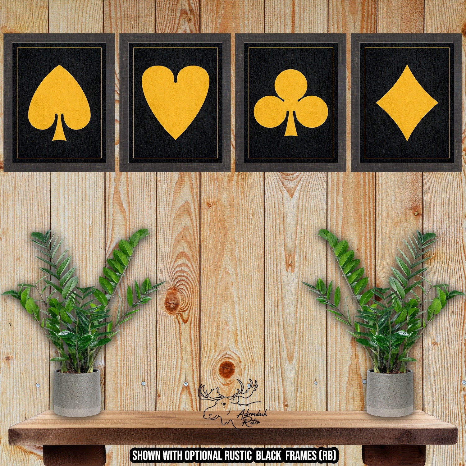 Four Poker Suits Set of Fine Art Prints - Black and Gold Playing Card Posters at Adirondack Retro