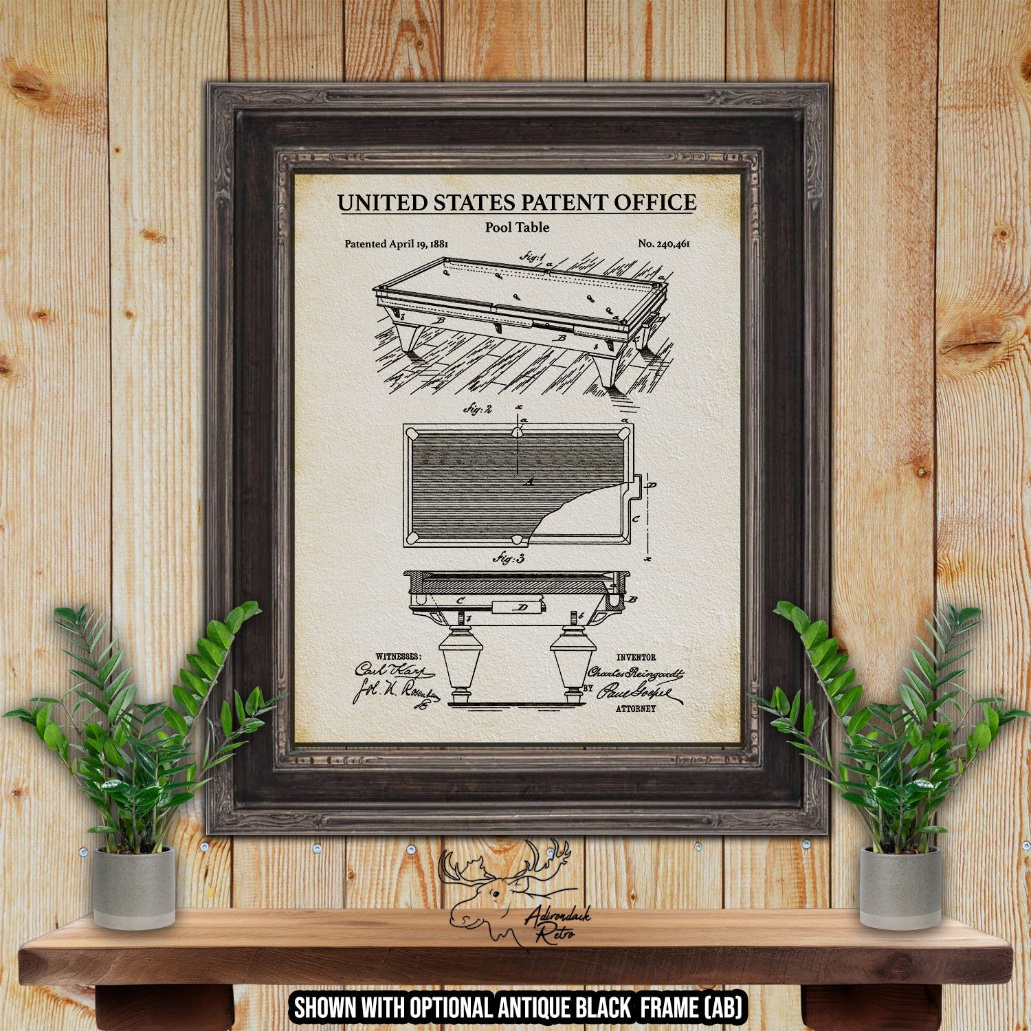 Pool Table Patent Print - Historic 1881 Billiards Invention at Adirondack Retro