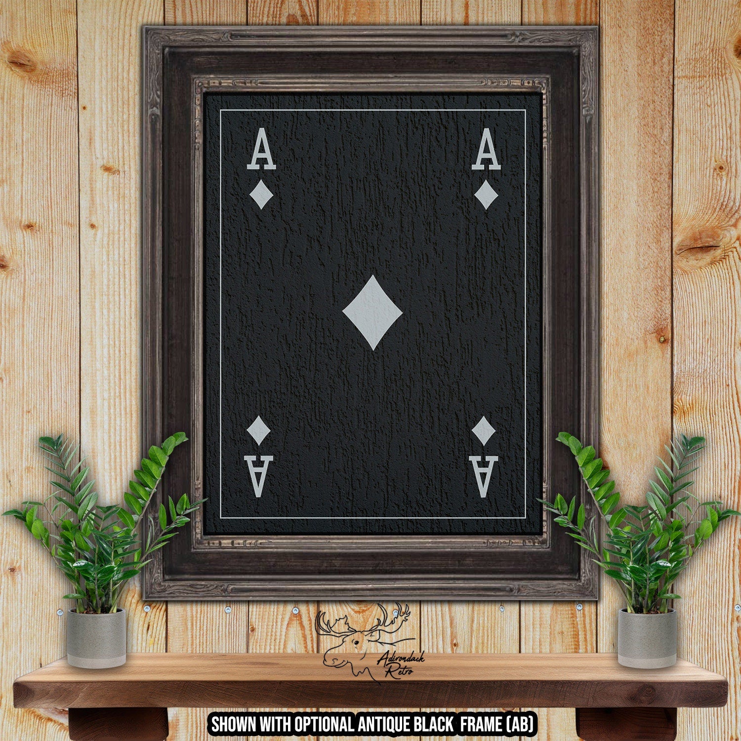 Ace of Diamonds Playing Card - Black & Silver Fine Art Print at Adirondack Retro