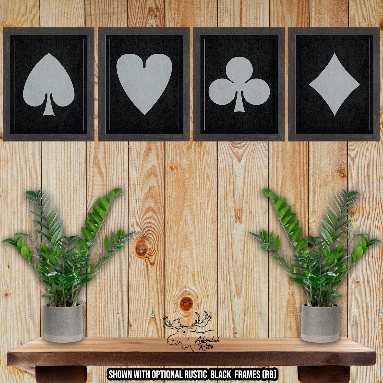 Four Poker Suits Set of Fine Art Prints - Black and Silver Playing Card Posters at Adirondack Retro