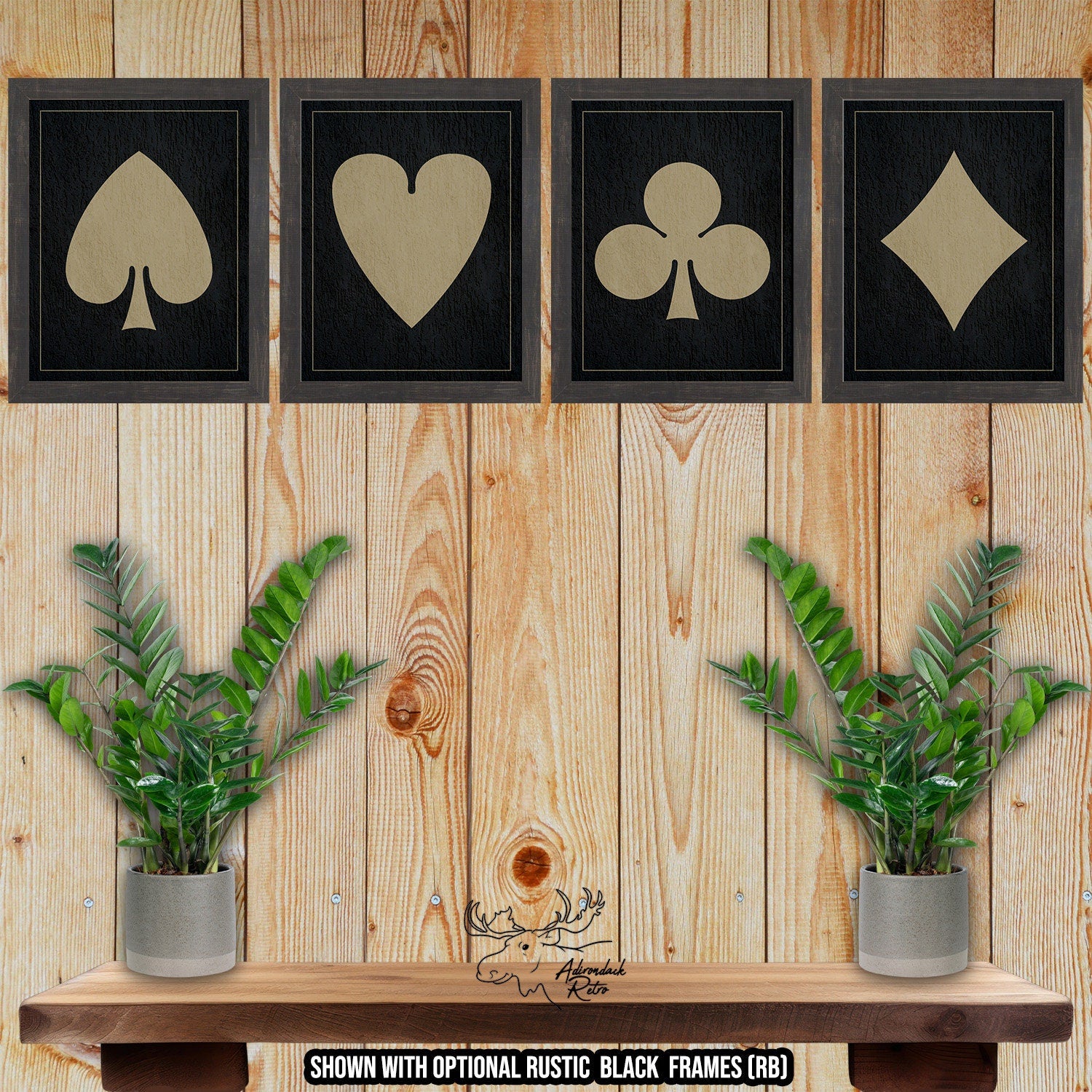 Four Poker Suits Set of Fine Art Prints - Black and Tan Playing Card Posters at Adirondack Retro