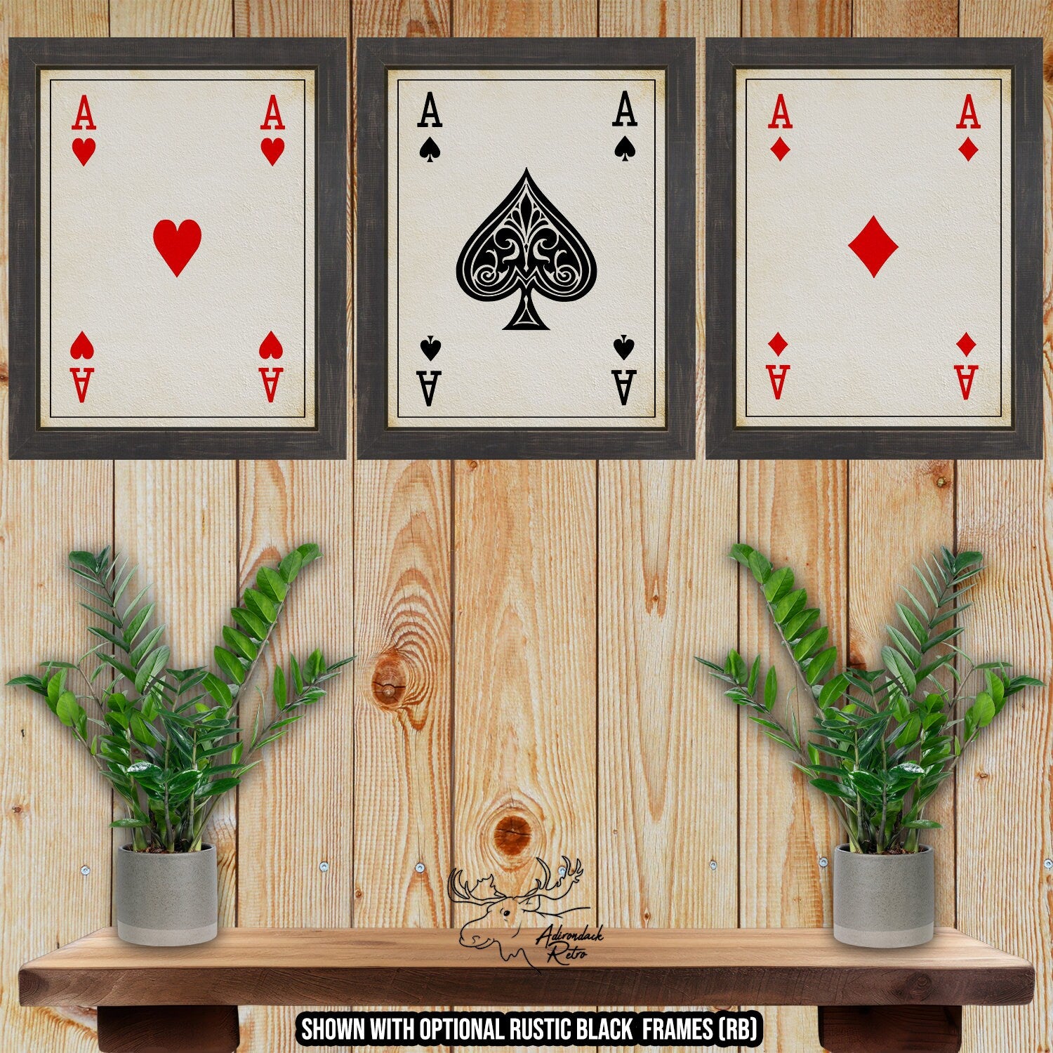 Ace of Hearts Spades Diamonds Poker Card Print Set of 3 at Adirondack Retro