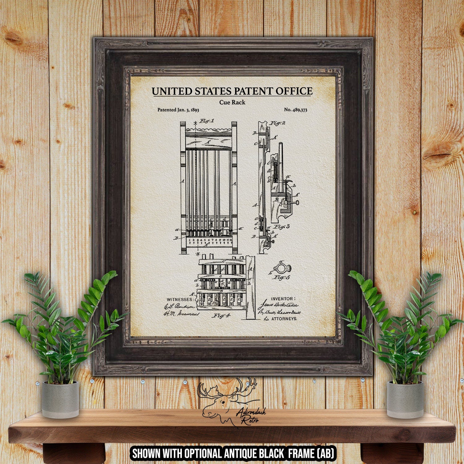 Cue Rack Patent Print - Historic 1893 Billiards Invention at Adirondack Retro