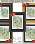 The image is a collage of five framed artworks depicting a great blue heron in various natural settings. The artworks are labeled with the artist's name, J. L. RIDGWAY, and are presented in different frame styles, including antique black, rustic brown, and gold. The collage showcases the versatility and beauty of the great blue heron in different environments.