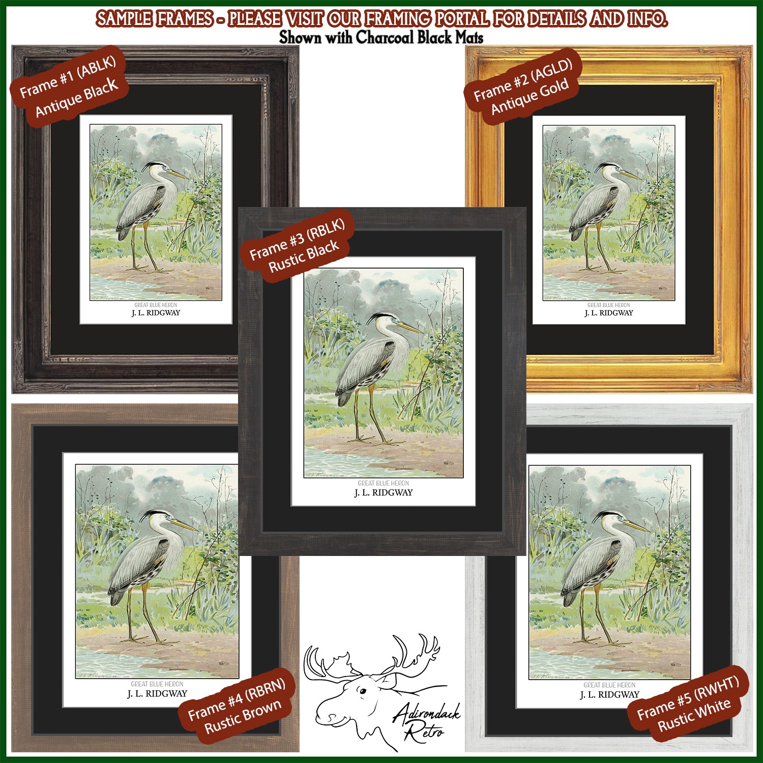 The image is a collage of five framed artworks depicting a great blue heron in various natural settings. The artworks are labeled with the artist&#39;s name, J. L. RIDGWAY, and are presented in different frame styles, including antique black, rustic brown, and gold. The collage showcases the versatility and beauty of the great blue heron in different environments.