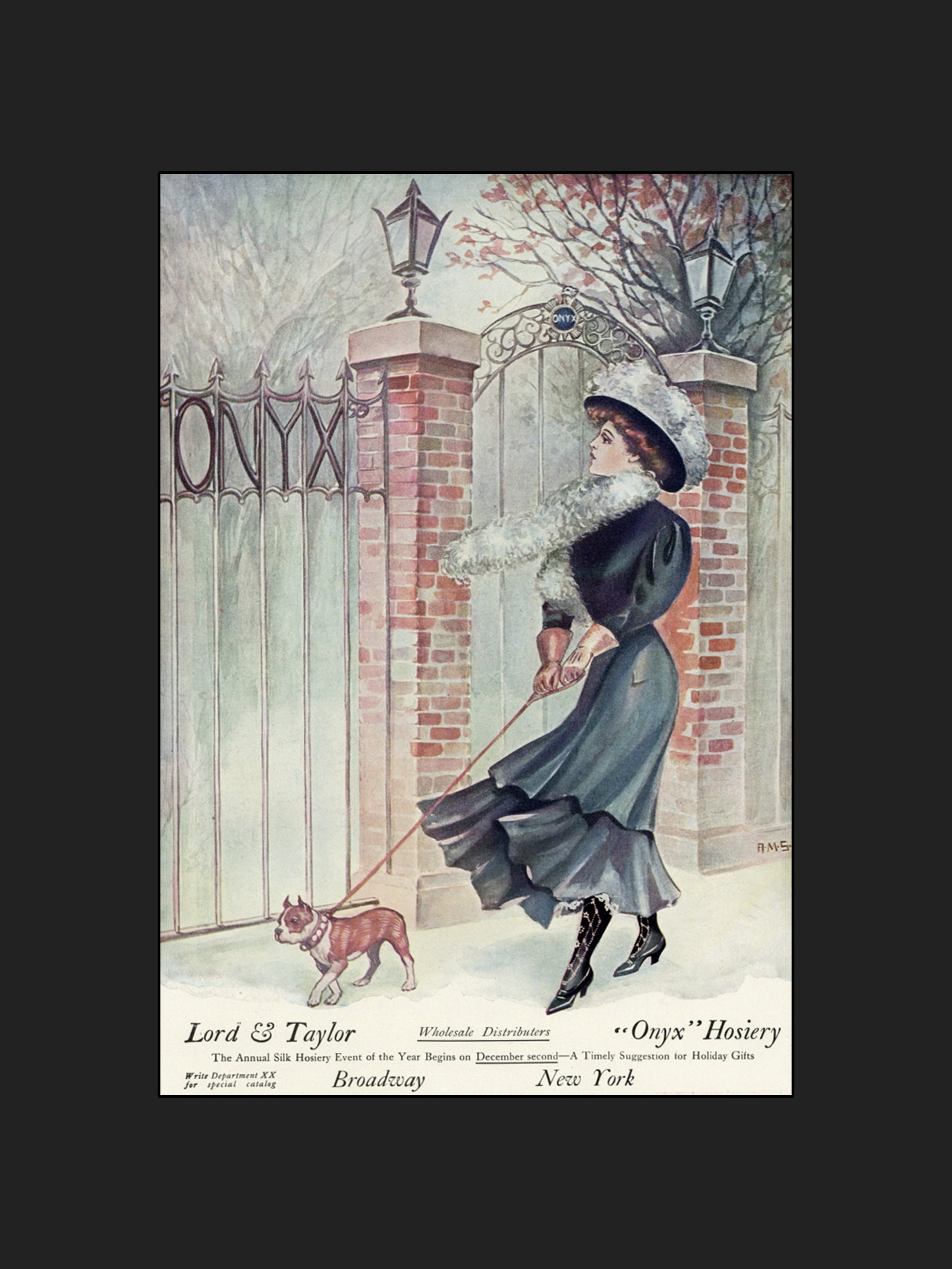 The image is a vintage advertisement featuring a woman in a long dress and hat walking a dog in front of a wrought iron gate.